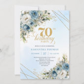 Invitation Romantic dusty blue florals gold frame 70 birthday (Devant)