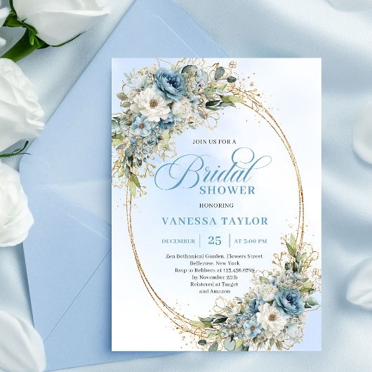 Invitation Romantic Dusty Blue Flowers Bridal Shower Invite