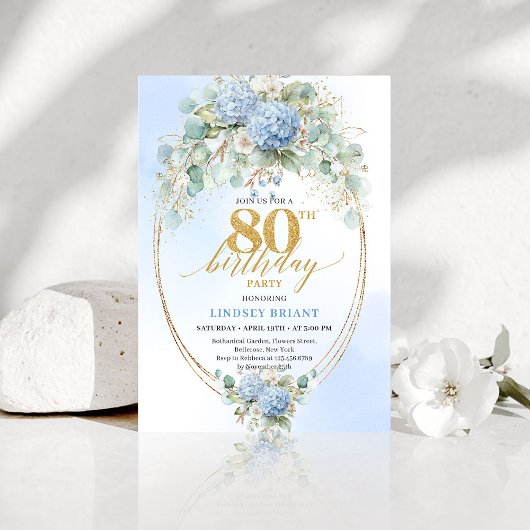Invitation Romantic Dusty Blue Garden 80th Birthday Invite