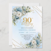 Invitation Romantic Dusty Blue Gold Frame 90th Birthday Card (Devant)