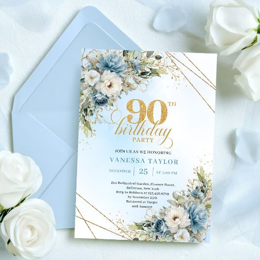 Invitation Romantic Dusty Blue Gold Frame 90th Birthday Card