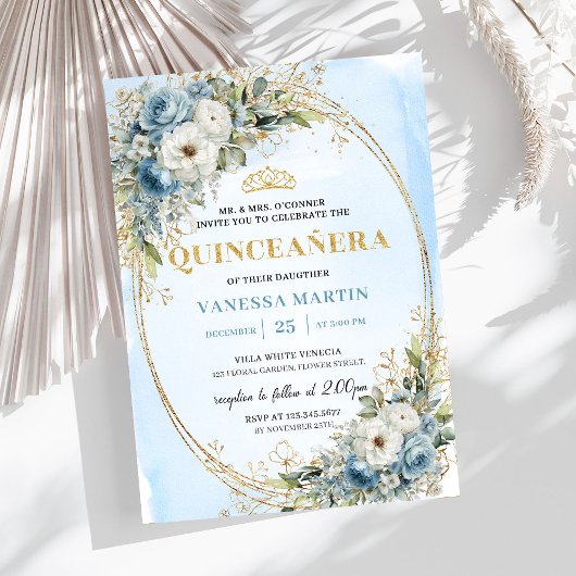 Invitation Romantic Dusty Blue Gold Greenery Quince Invites