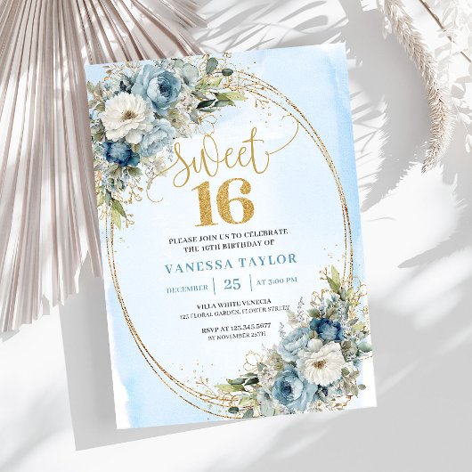 Invitation Romantic Dusty Blue Greenery Sweet Sixteen Invite