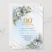 Invitation Romantic Dusty Blue White Floral 90th Birthday (Devant)