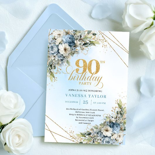 Invitation Romantic Dusty Blue White Floral 90th Birthday