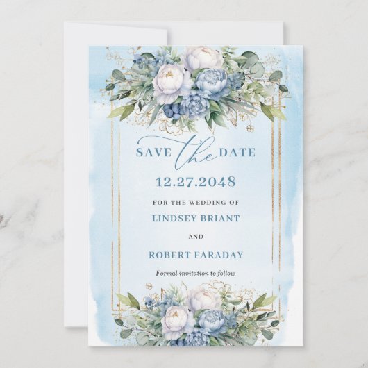Invitation Romantic Dusty Blue White Gold Peonies Save Date (Devant)