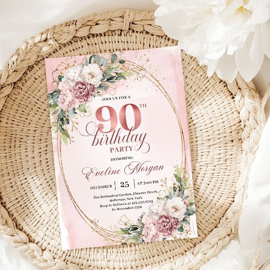 Invitation Romantic Dusty Pink Gold Eucalyptus 90th Birthday 