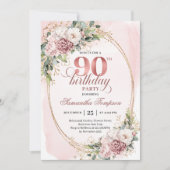 Invitation Romantic Dusty Pink Gold Eucalyptus 90th Birthday  (Devant)
