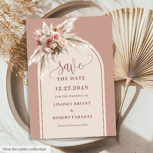 Invitation Romantic Dusty Pink Pampas Grass Arch Save Date