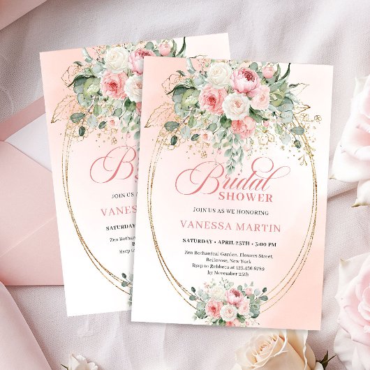 Invitation Romantic Dusty Rose Eucalyptus Gold Bridal Shower