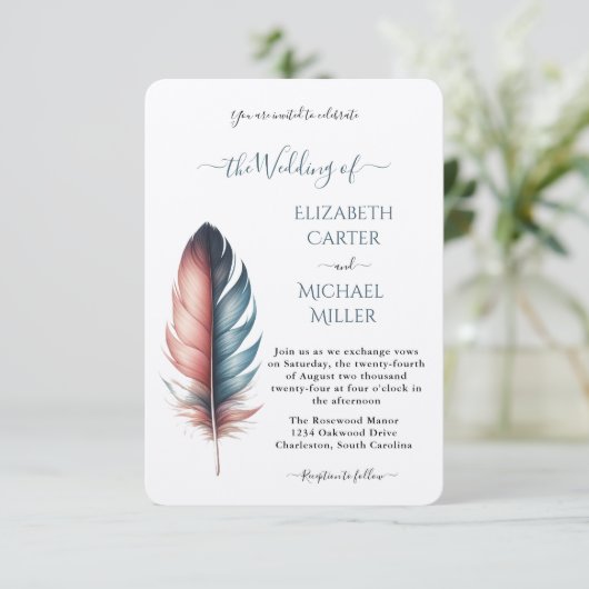 Invitation Romantic Dusty Rose Teal Feather Wedding (Debout devant)