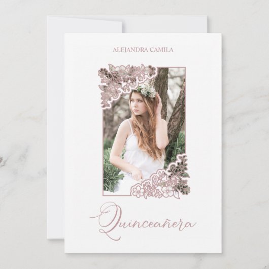 Invitation Romantic Fake Rose Gold Floral Frame Photo XV años (Devant)