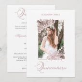 Invitation Romantic Fake Rose Gold Floral Frame Photo XV años (Devant / Derrière)