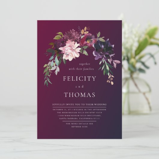 Invitation Romantic Fall Floral Burgundy Wash QR Code Mariage (Debout devant)