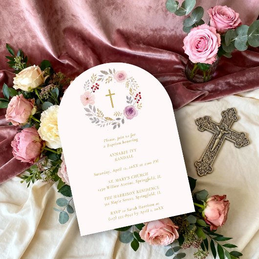 Invitation Romantic Floral Wreath Minimalist Baptism