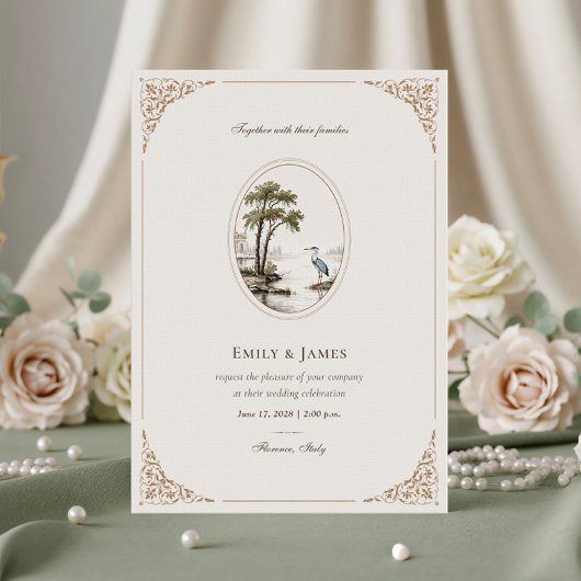 Invitation Romantic French Heron Oval Frame Wedding Invitatio