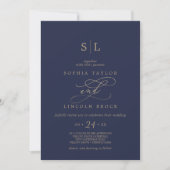 Invitation Romantic Gold Navy Monogramme QR Code Précédent Ma (Devant)