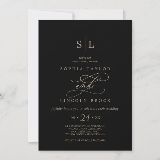 Invitation Romantic Gold Noir Monogramme QR Code Retour Maria (Devant)