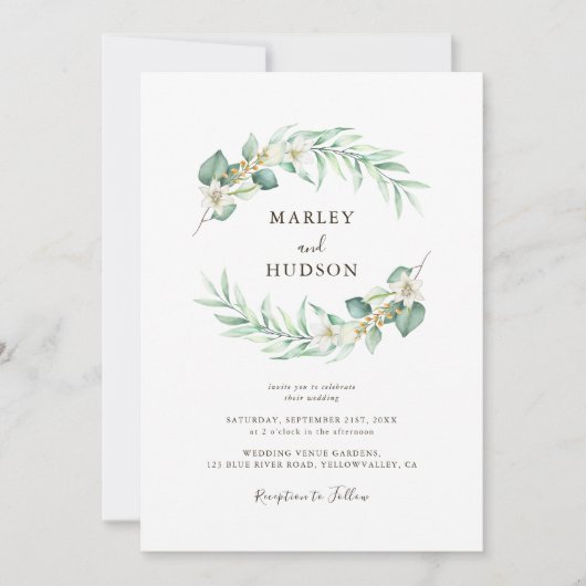 Invitation Romantic Greenery Wreath monogram Wedding (Devant)