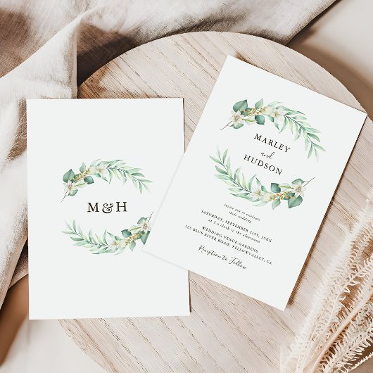 Invitation Romantic Greenery Wreath monogram Wedding