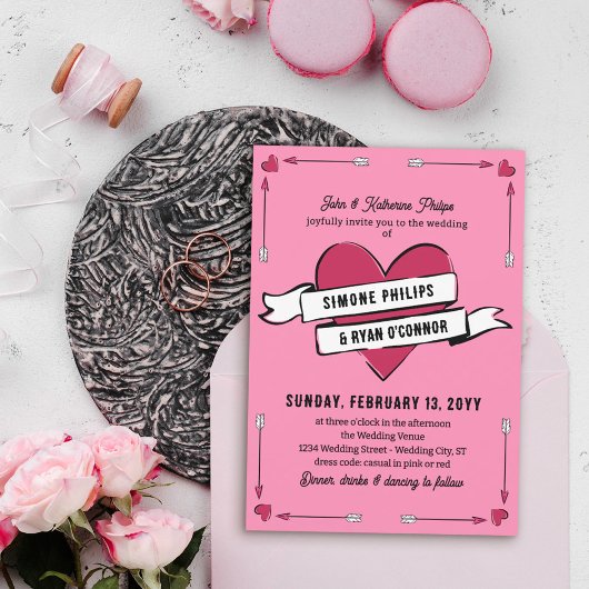 Invitation Romantic Heart Arrows & Ribbon Casual Wedding
