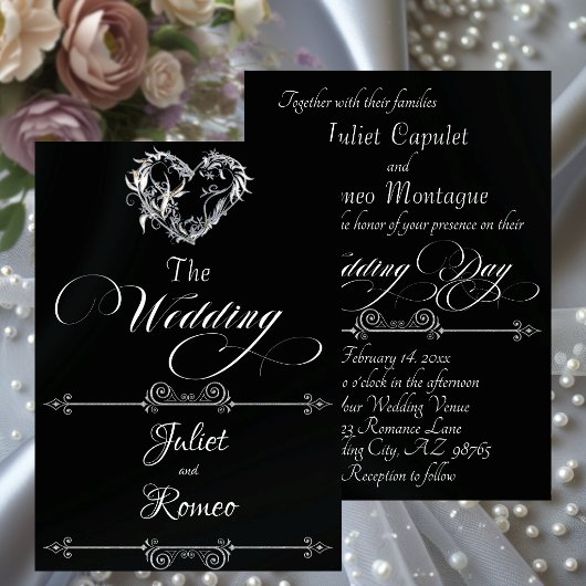 Invitation Romantic Heart & Calligraphy on Black - Wedding
