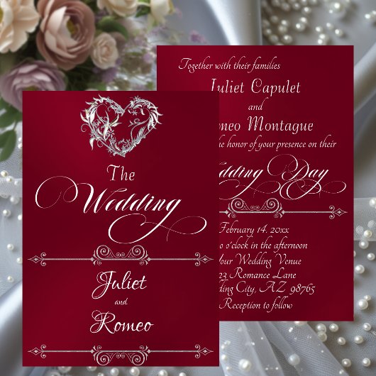 Invitation Romantic Heart & Calligraphy on Burgundy - Wedding