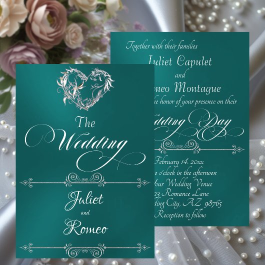 Invitation Romantic Heart & Calligraphy on Teal - Wedding
