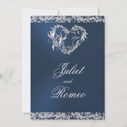 Invitation Romantic Heart & Glitter on Blue Wedding (Devant)