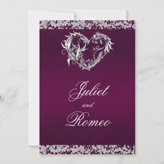 Invitation Romantic Heart & Glitter on Plum Wedding (Devant)