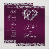 Invitation Romantic Heart & Glitter on Plum Wedding (Devant / Derrière)