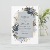 Invitation Romantic Indigo Floral Elegant QR Code Wedding (Debout devant)