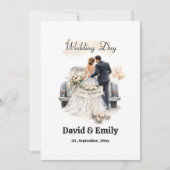 Invitation Romantic "Just Married" Couple & Vintage Car  (Devant)