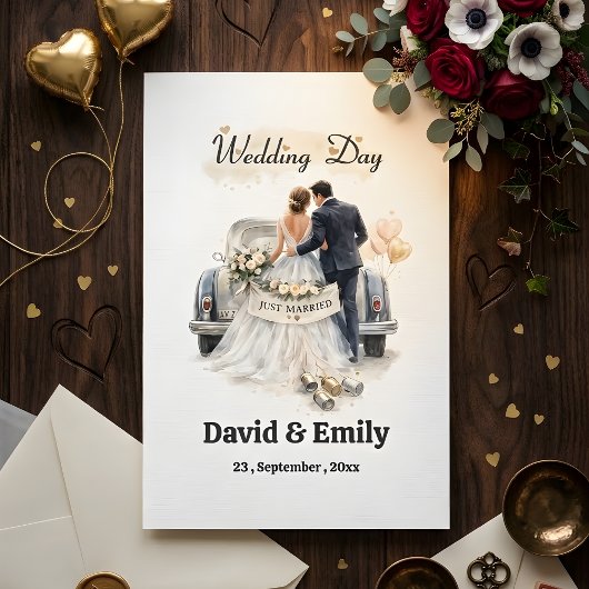 Invitation Romantic "Just Married" Couple & Vintage Car 