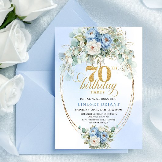 Invitation Romantic Light Blue Flowers 70th Birthday Invites