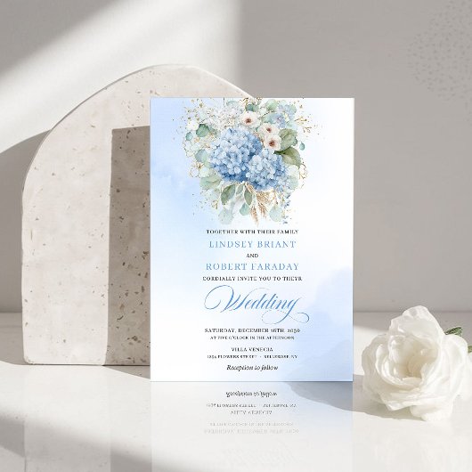 Invitation Romantic Light Blue Hydrangea Gold Wedding Invite