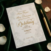 Invitation Romantic Line Art Rose Faux Gold Foil Wedding 