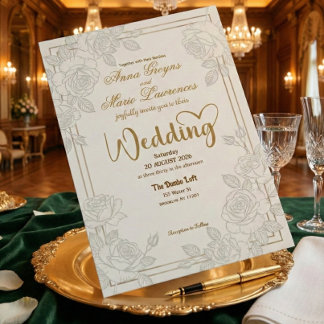 Invitation Romantic Line Art Rose Faux Gold Foil Wedding 