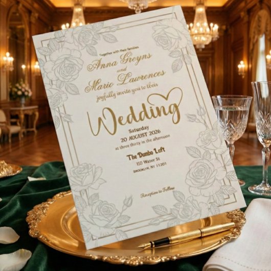Invitation Romantic Line Art Rose Faux Gold Foil Wedding 