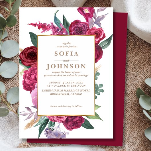 Invitation Romantic Luxe Red Maroon Watercolor Floral Wedding