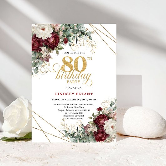 Invitation Romantic Marsala Eucalyptus 80th Birthday