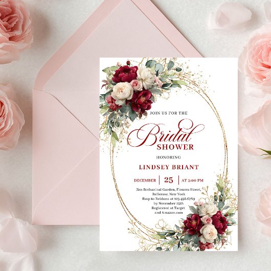 Invitation Romantic Marsala Floral Gold Bridal Shower Invite