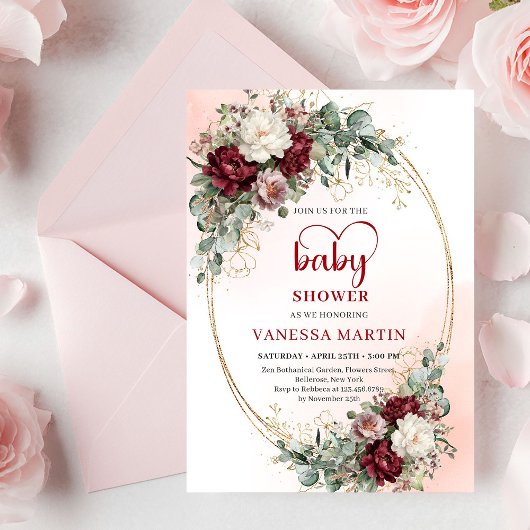 Invitation Romantic Marsala Flowers Heart-Shaped Font Baby 