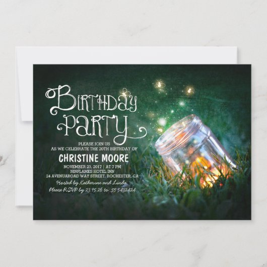 Invitation Romantic mason jar lucioles anniversaire invitatio (Devant)