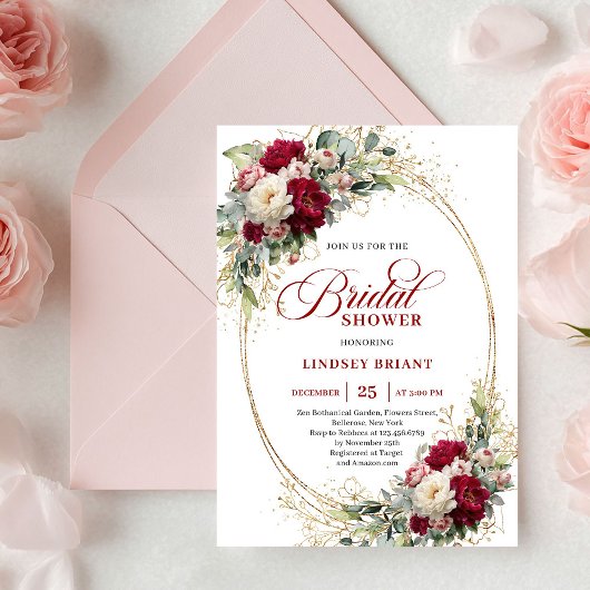 Invitation Romantic Merlot Roses Gold Bridal Shower Invites