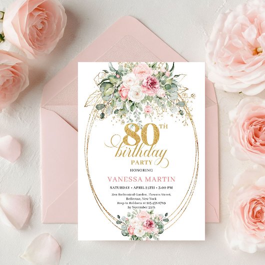 Invitation Romantic Minimalist Blush Floral 80th Birthday