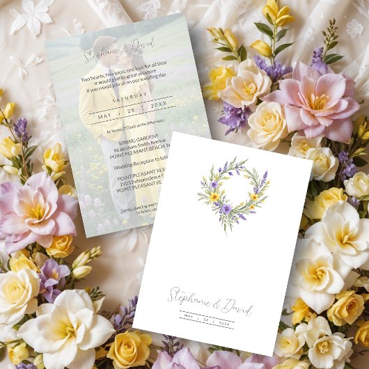 Invitation Romantic Minimalist Wedding Yellow Lavender Wreath