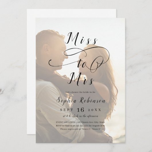 Invitation Romantic Miss à Mme script photo nuptiale douche (Devant / Derrière)