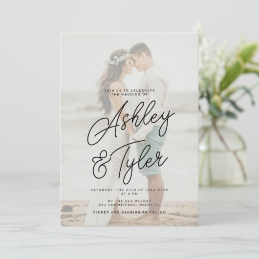Invitation Romantic names script overlay photo wedding (Debout devant)