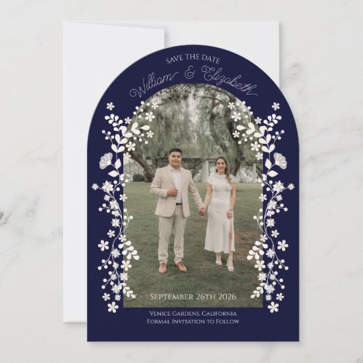 Invitation Romantic Navy Blue Floral Arch Save the Date (Devant)